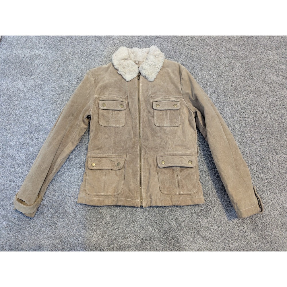 Wilsons Maxima Jacket Womens Medium Suede Leather Beige Faux Fur Trim